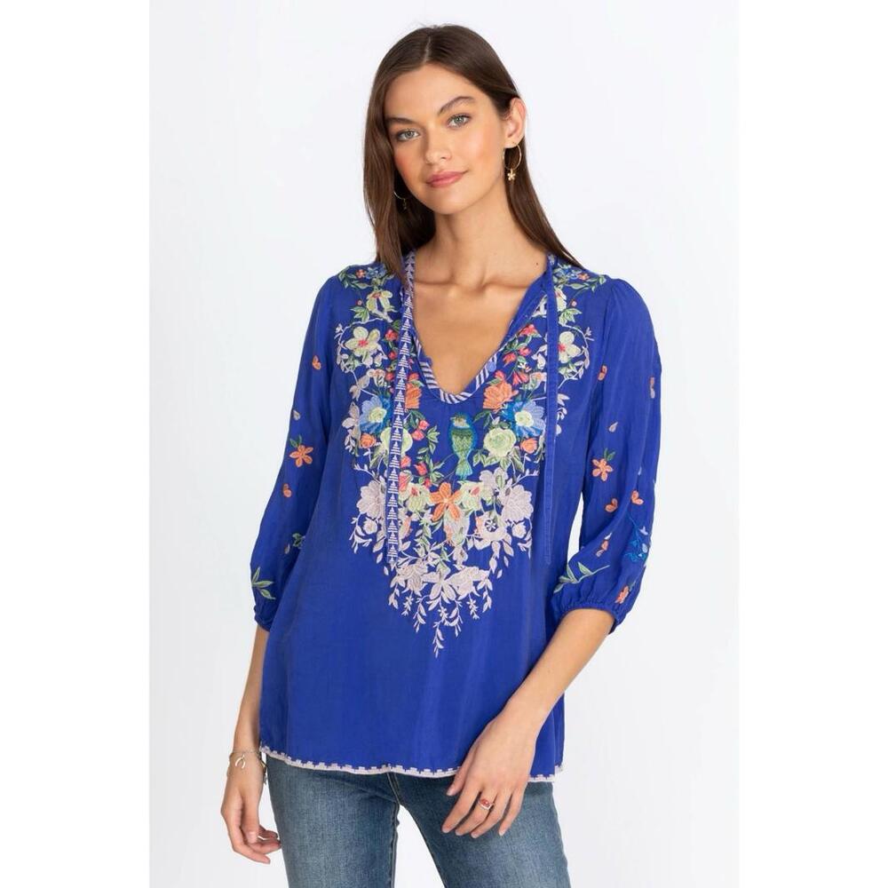 Johnny Was top medium M blue floral embroidered vegan silk boho bohemian beachy